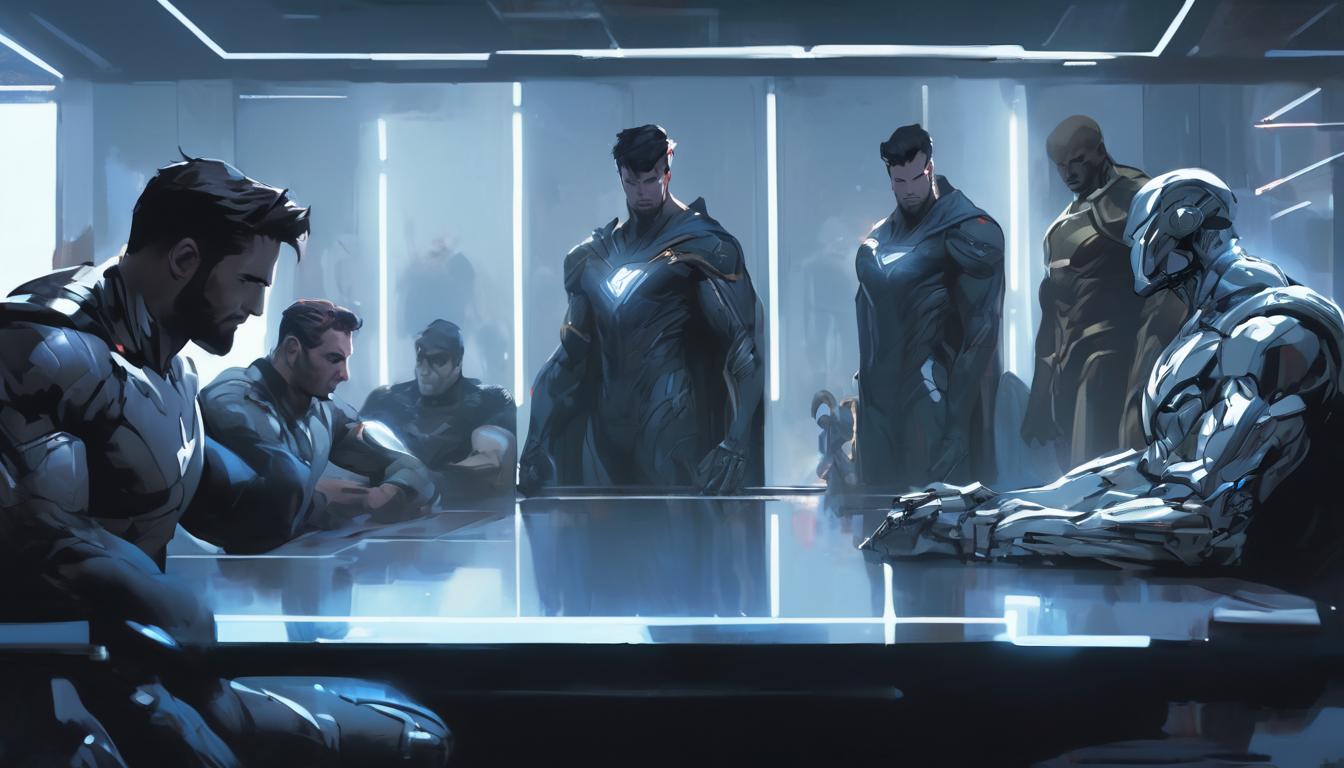  hyperrealism,fantasy aestheticGroup of colleagues in an office setting, one central figure with a calm, insightful demeanor, others looking thoughtful, modern workspace, collaborative, respectful, high tech clothing clad in sleek, futuristic costume with metallic accents and form fitting designs, marvel superhero comics style, unreal engine rendering