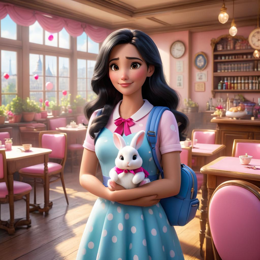  [Subject Description]: Paris, a bright young with long black hair tied in two ids with pink ribbons, wearing a cute pink dress with white polka dots and a small blue backpack with bunny prints, clasping her bunny stuffed animal tightly, looking anxious. [Environment Description]: In a clroom at Fluffy Clouds pre , with colorful decorations, small tables, and chairs around, evoking a warm and friendly atmosphere. [Art Style]: High resolution, Pixar 3D animated film style with detailed rendering. [Color and Light]: Bright, soft lights with a warm feel, emphasizing the cheerful yet slightly overwhelming clroom environment. [Camera Angle and Composition]: Medium shot focusing on Paris’s face and upper body, capturing her a hyperrealistic, full body, detailed clothing, highly detailed, cinematic lighting, stunningly beautiful, intricate, sharp focus, f/1. 8, 85mm, (centered image composition), (professionally color graded), ((bright soft diffused light)), volumetric fog, trending on instagram, trending on tumblr, HDR 4K, 8K