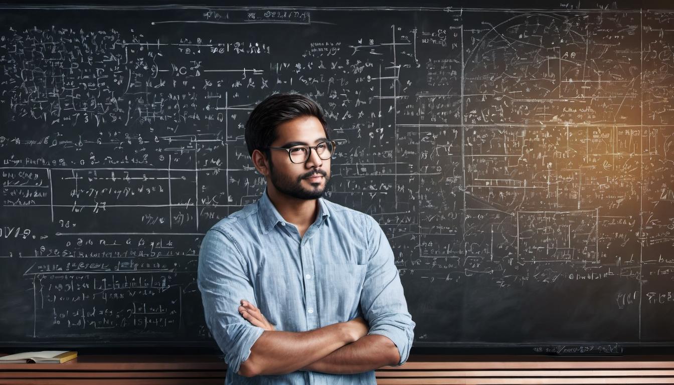  digital illustration, 1man, standing in front of a large chalkboard filled with equations and diagrams, light from a window illuminating his thoughtful expression, scholarly details, reflection, learning, looking at viewer, dynamic pose, (intricate details, masterpiece, best quality)