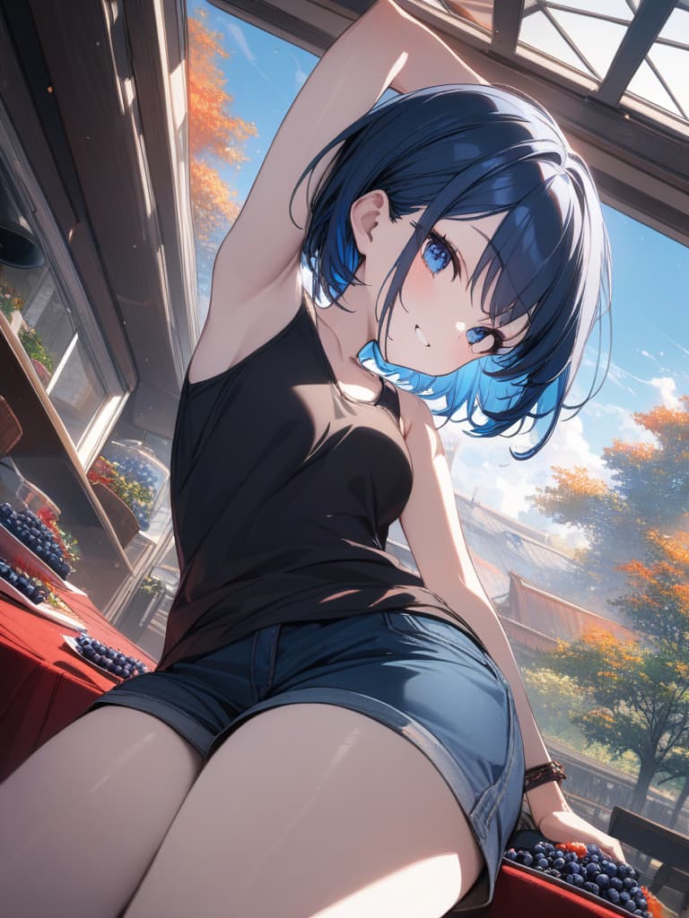  Cute, , blue hair, blue eyes, short bob, thin body, white skin, sauce, black tank top, , shorts, blueberries, smiles, masterpiece, best quality,8k,ultra detailed,high resolution,an extremely delicate and beautiful,hyper detail