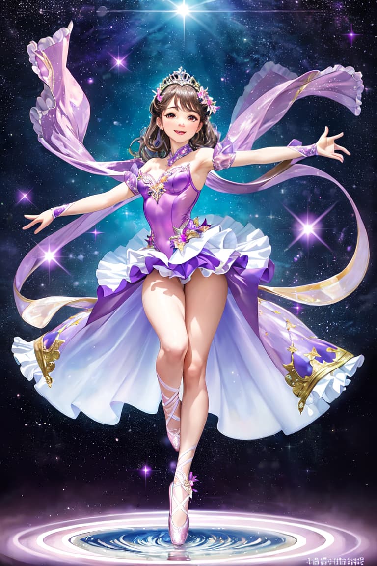  master piece , best quality,The beautiful ballerina wears a gorgeous purple ballet tutu and a tiara, and dances gracefully in the sea of ​​stars.fullbody leg up smile flower