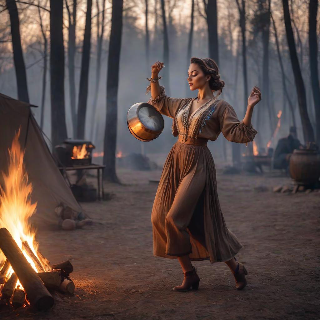  a woman dances with a tambourine by the campfire hyperrealistic, full body, detailed clothing, highly detailed, cinematic lighting, stunningly beautiful, intricate, sharp focus, f/1. 8, 85mm, (centered image composition), (professionally color graded), ((bright soft diffused light)), volumetric fog, trending on instagram, trending on tumblr, HDR 4K, 8K