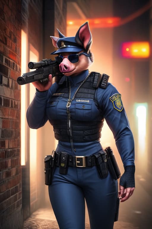  Pig wearing a police uniform. Pig is wearing ray ban sunglasses . Aiming shotgun. Graffiti background hyperrealistic, full body, detailed clothing, highly detailed, cinematic lighting, stunningly beautiful, intricate, sharp focus, f/1. 8, 85mm, (centered image composition), (professionally color graded), ((bright soft diffused light)), volumetric fog, trending on instagram, trending on tumblr, HDR 4K, 8K