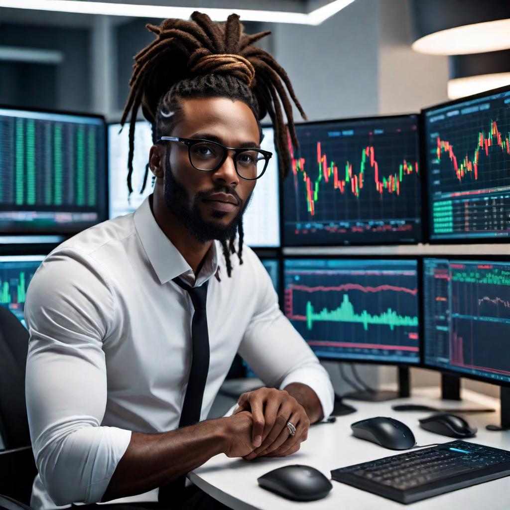  A black man with dreadlocks, trading forex. He is sitting at a desk with multiple computer screens showing forex charts and financial data. The room has a professional, modern vibe with some subtle hints of success, such as motivational posters or motivational elements. At the top of the image, in bold, impactful letters, include the caption: 'YAH DID'. hyperrealistic, full body, detailed clothing, highly detailed, cinematic lighting, stunningly beautiful, intricate, sharp focus, f/1. 8, 85mm, (centered image composition), (professionally color graded), ((bright soft diffused light)), volumetric fog, trending on instagram, trending on tumblr, HDR 4K, 8K