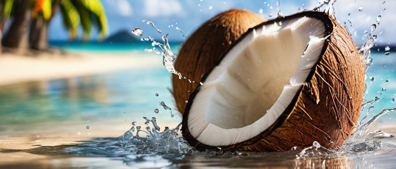  best quality, HD, delicious coconut splashing water, blurry tropical background