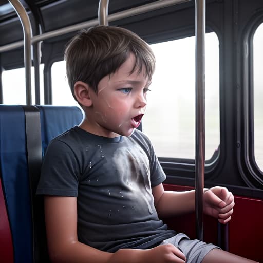  a very sweaty very young boy, caught on a public bus, is discovered by the viewer. The young 's face is rendered in exquisite detail, a look of and arousal as he realizes he's been caught the boy on the bus seat lets out a stream of warm, viscous liquid shooting out from his huge engorged erect tip coating his and splattering onto the floor of the bus, the pinnacle of his is his sweaty features, high-angle shot, dramatic angle, extreme angle shot, photo-realistic, volumetric fog, 85mm lens, HDR, cinematic