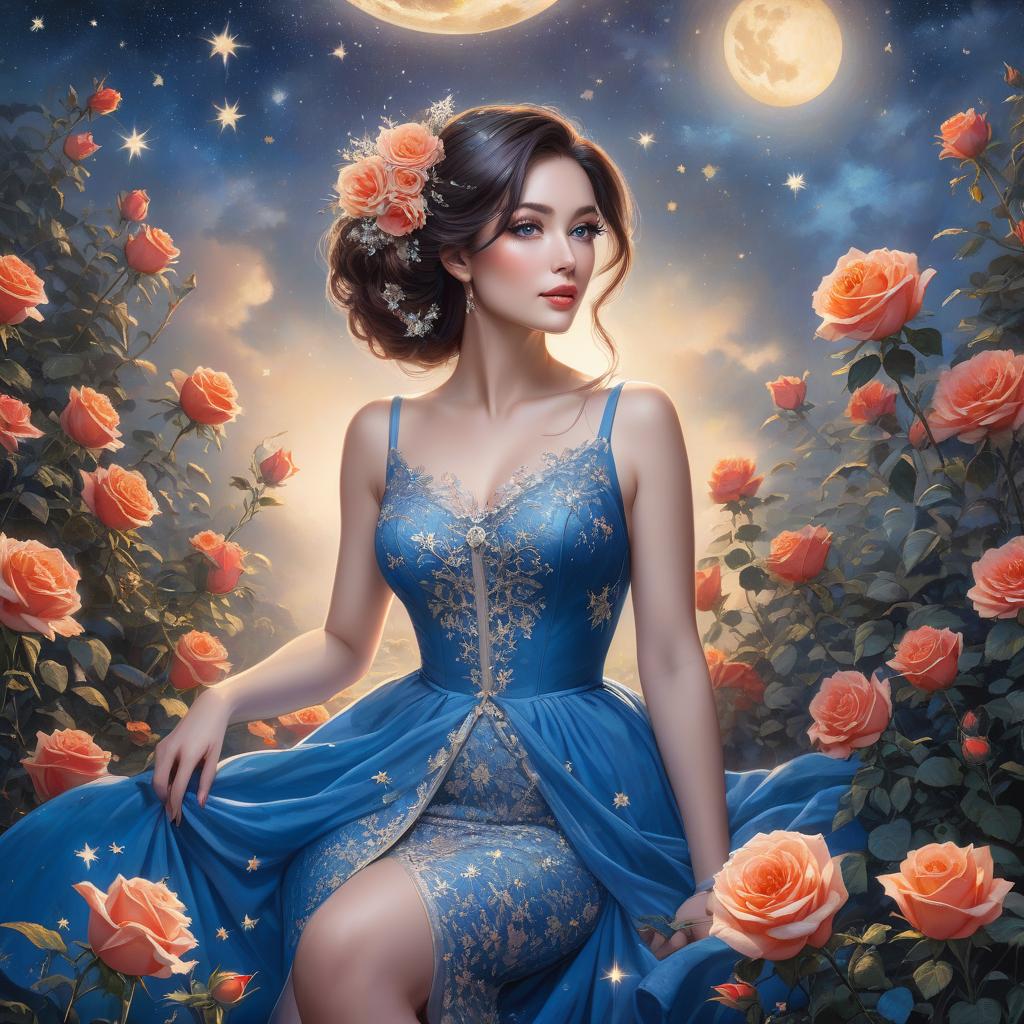  A whimsical portrait of a woman with gles, ids, and a starry night background, featuring vint flowers and erflies. Starry night. Beautiful, cute freckled 2 model with beautiful eyes, ids and gles in beautiful blue dress. Stunningly beautiful place. splashes of lovely color. roses and erflies. Colorful Painting painted by genius painter. hyperrealistic, full body, detailed clothing, highly detailed, cinematic lighting, stunningly beautiful, intricate, sharp focus, f/1. 8, 85mm, (centered image composition), (professionally color graded), ((bright soft diffused light)), volumetric fog, trending on instagram, trending on tumblr, HDR 4K, 8K