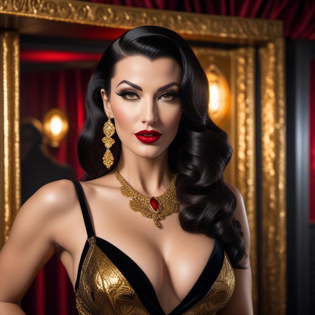  A stunning burlesque dancer in the style of Betty Paige and Norma Jean, with a snarl Mona Lisa smile on her face. She has wavy dark hair, red lipstick, and is dressed in a glamorous black and gold outfit. The background features a vintage keyhole, adding an air of mystery and allure. The scene is set in a 1950s vintage nightclub, with velvet curtains and dim, warm lighting. hyperrealistic, full body, detailed clothing, highly detailed, cinematic lighting, stunningly beautiful, intricate, sharp focus, f/1. 8, 85mm, (centered image composition), (professionally color graded), ((bright soft diffused light)), volumetric fog, trending on instagram, trending on tumblr, HDR 4K, 8K