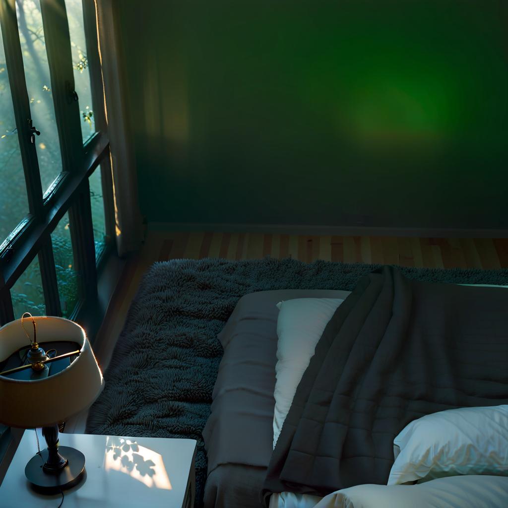  more sunlight. a more realistic room in the early morning at sunrise. with a bed. one toned wall with reflections from the window. outside the window, you can see nature, trees and leaves. in the bottom left corner, there is a nightstand with a lamp and a book., FILM PHOTOGRAPHY STYLE hyperrealistic, full body, detailed clothing, highly detailed, cinematic lighting, stunningly beautiful, intricate, sharp focus, f/1. 8, 85mm, (centered image composition), (professionally color graded), ((bright soft diffused light)), volumetric fog, trending on instagram, trending on tumblr, HDR 4K, 8K