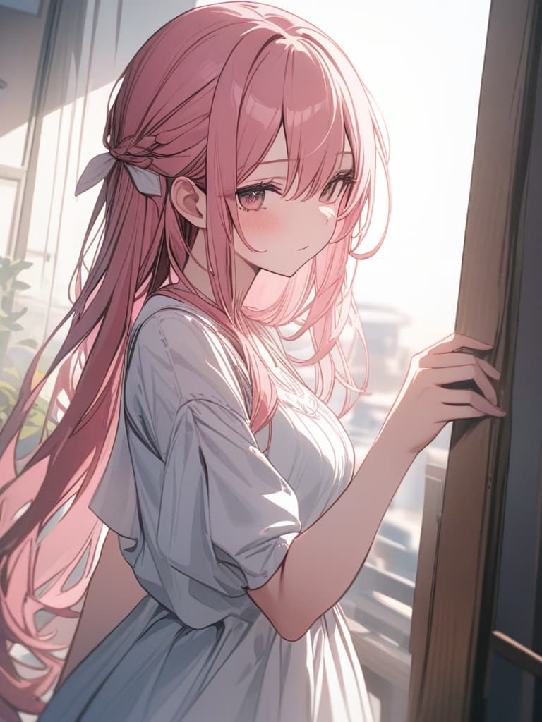  Pink hair, long hair, white dress, eyes are green, masterpiece, best quality,8k,ultra detailed,high resolution,an extremely delicate and beautiful,hyper detail