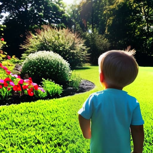  Sun the garden and little boy is looking at it