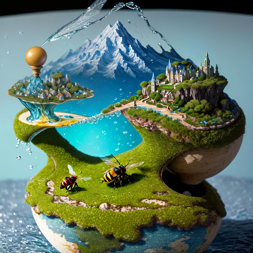  masterpiece, best quality, Amazing macro image of a bee holding a drop of water containing a miniature world. The small ball of water is filled with complex landscapes, including cities, mountains and oceans, all perfectly formed and detailed. A realistic bee gracefully curls up on a drop, creating a surreal and enchanting scene, photo