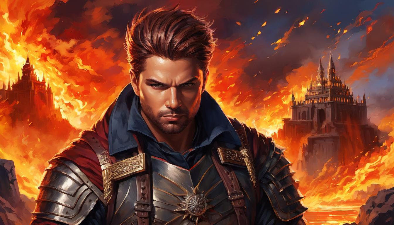  digital painting of A determined face illuminated by a fiery light, majestic structures rising in the background, intense, aspirational looking at viewer, dynamic pose, (intricate details, masterpiece, best quality)