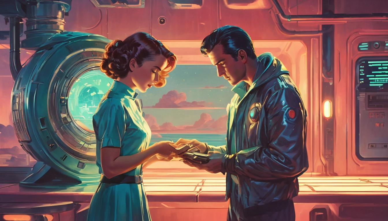  retro futuristic friend comforting another, gentle touch, warm lighting, peaceful environment lvintage sci fi, 50s and 60s style, atomic age, vibrant, highly detailed