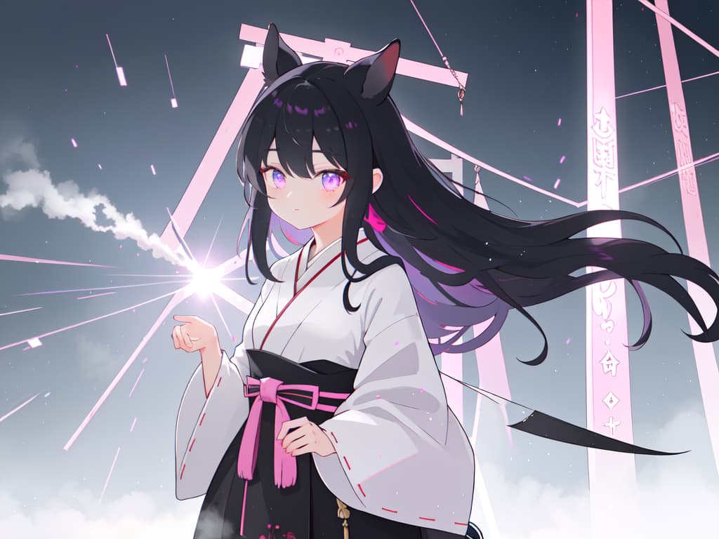  Black hair, horse ears, hanging eyes, left eye purple, right eye pink odd eye, horse tail, shrine maiden clothing, masterpiece, best quality,8k,ultra detailed,high resolution,an extremely delicate and beautiful,hyper detail hyperrealistic, full body, detailed clothing, highly detailed, cinematic lighting, stunningly beautiful, intricate, sharp focus, f/1. 8, 85mm, (centered image composition), (professionally color graded), ((bright soft diffused light)), volumetric fog, trending on instagram, trending on tumblr, HDR 4K, 8K