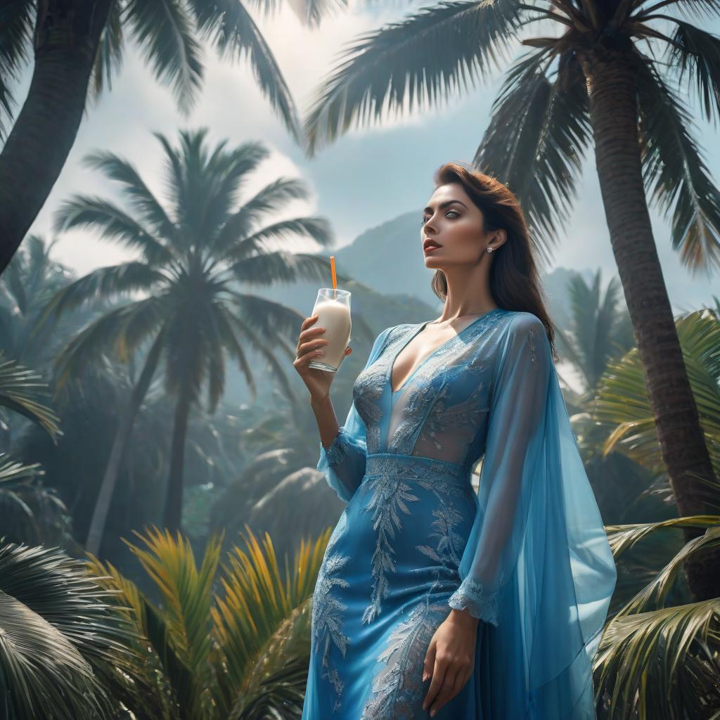  a woman stands tall in a blue dress, leans against a palm tree and drinks coconut milk hyperrealistic, full body, detailed clothing, highly detailed, cinematic lighting, stunningly beautiful, intricate, sharp focus, f/1. 8, 85mm, (centered image composition), (professionally color graded), ((bright soft diffused light)), volumetric fog, trending on instagram, trending on tumblr, HDR 4K, 8K