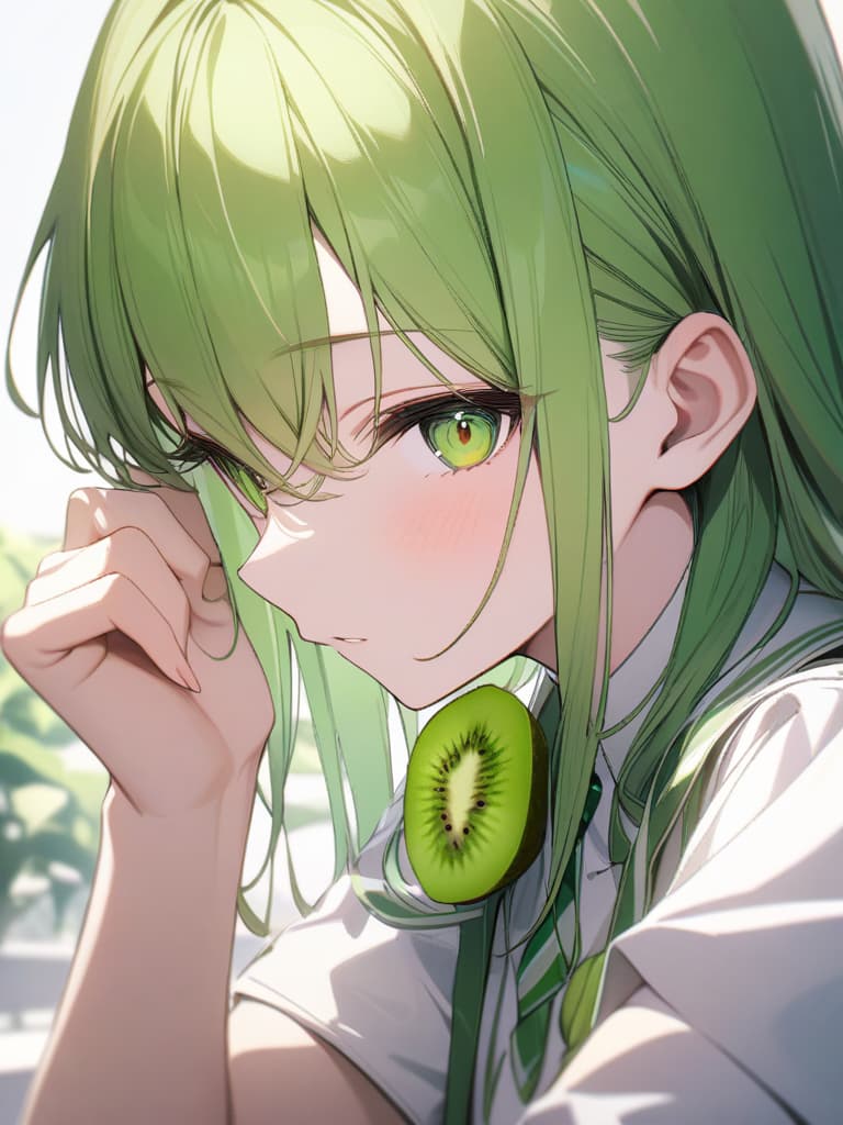  Cute, , yellow green eyes, yellow green hair color, kiwi decoration, kiwi fruits, eyes, green s, uniforms, white shirts, masterpiece, best quality,8k,ultra detailed,high resolution,an extremely delicate and beautiful,hyper detail