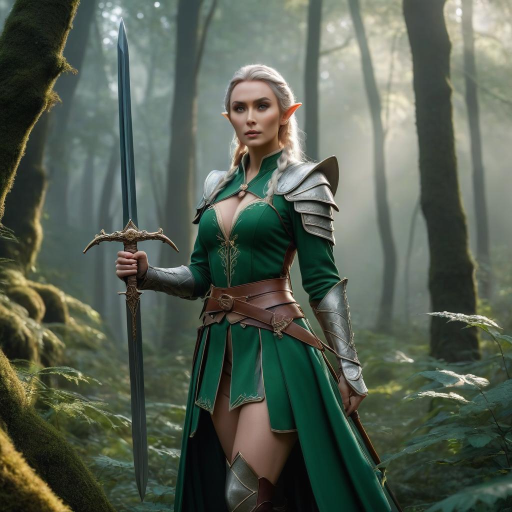  Photo, Elf with a sword, in the forest, fully . hyperrealistic, full body, detailed clothing, highly detailed, cinematic lighting, stunningly beautiful, intricate, sharp focus, f/1. 8, 85mm, (centered image composition), (professionally color graded), ((bright soft diffused light)), volumetric fog, trending on instagram, trending on tumblr, HDR 4K, 8K