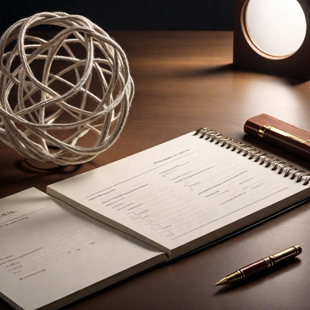  An artistic and conceptual image that integrates a notepad with a mirror, using knot theory or mathematical formulas. The business motto 'Take a reflection note, it’ll last longer' should be incorporated into the design. The image should appear sophisticated, blending the notepad and mirror elements seamlessly with intertwined mathematical knots and formulas, creating a visually engaging and thought-provoking representation. hyperrealistic, full body, detailed clothing, highly detailed, cinematic lighting, stunningly beautiful, intricate, sharp focus, f/1. 8, 85mm, (centered image composition), (professionally color graded), ((bright soft diffused light)), volumetric fog, trending on instagram, trending on tumblr, HDR 4K, 8K