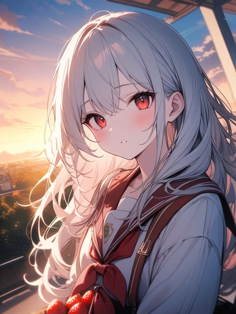  Cute, girl, young face, white skin, thin body, fluffy hair, white hair, bright red eyes, strawberry decorations, school uniforms, fluffy long hair, sunset, masterpiece, best quality,8k,ultra detailed,high resolution,an extremely delicate and beautiful,hyper detail