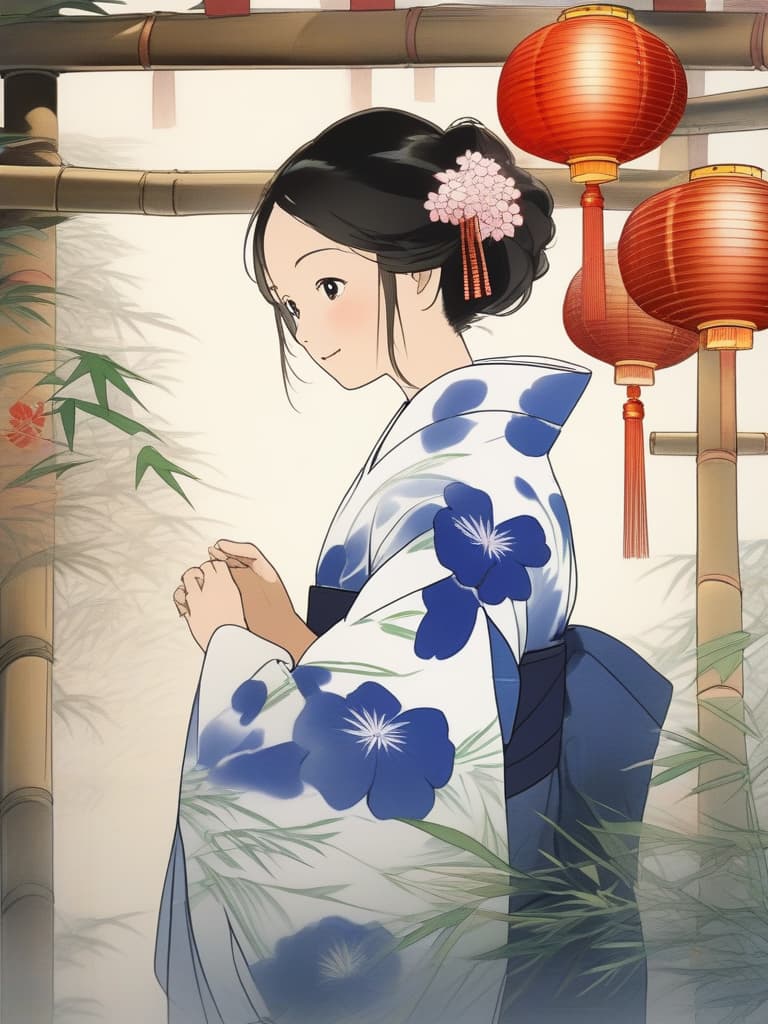  Masterpiece,[[in blue yukata: goldfish pattern]],bellflower hair ornament,bamboo leaves,Tanabata Festival,h(((olding 🔖 in hand))),wishing,praying,Decorated bamboo leaves in background,high quality,super high resolution,super analysis,super detailed,16K, masterpiece, best quality,8k,ultra detailed,high resolution,an extremely delicate and beautiful,hyper detail