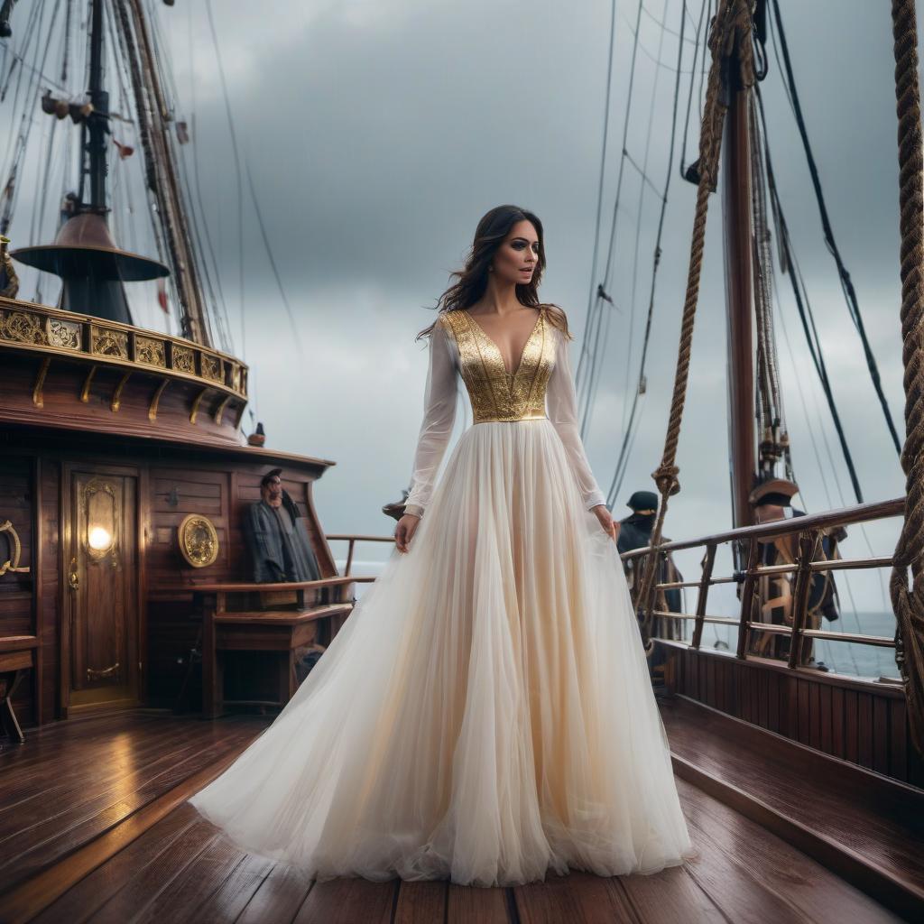  cinematic photo A girl in a white golden dress on the deck of a pirate ship during a storm in the middle of the ocean. . 35mm photograph, film, bokeh, professional, 4k, highly detailed hyperrealistic, full body, detailed clothing, highly detailed, cinematic lighting, stunningly beautiful, intricate, sharp focus, f/1. 8, 85mm, (centered image composition), (professionally color graded), ((bright soft diffused light)), volumetric fog, trending on instagram, trending on tumblr, HDR 4K, 8K