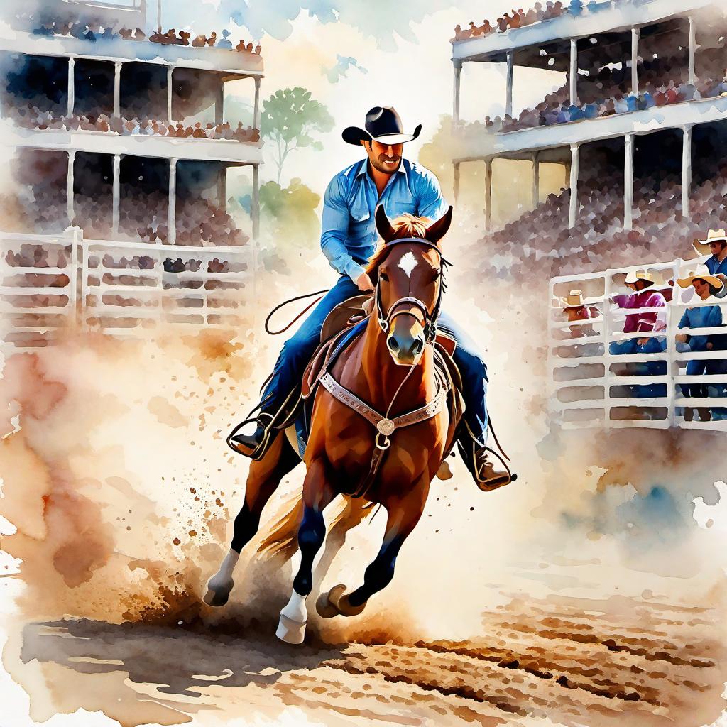  Create a watercolor painting of a man ridding a bucking horse at a rodeo. The background features soft, watercolor style splashes in earthy tones, giving the image an artistic and dreamy feel. Ensure the overall image has a delicate watercolor effect.