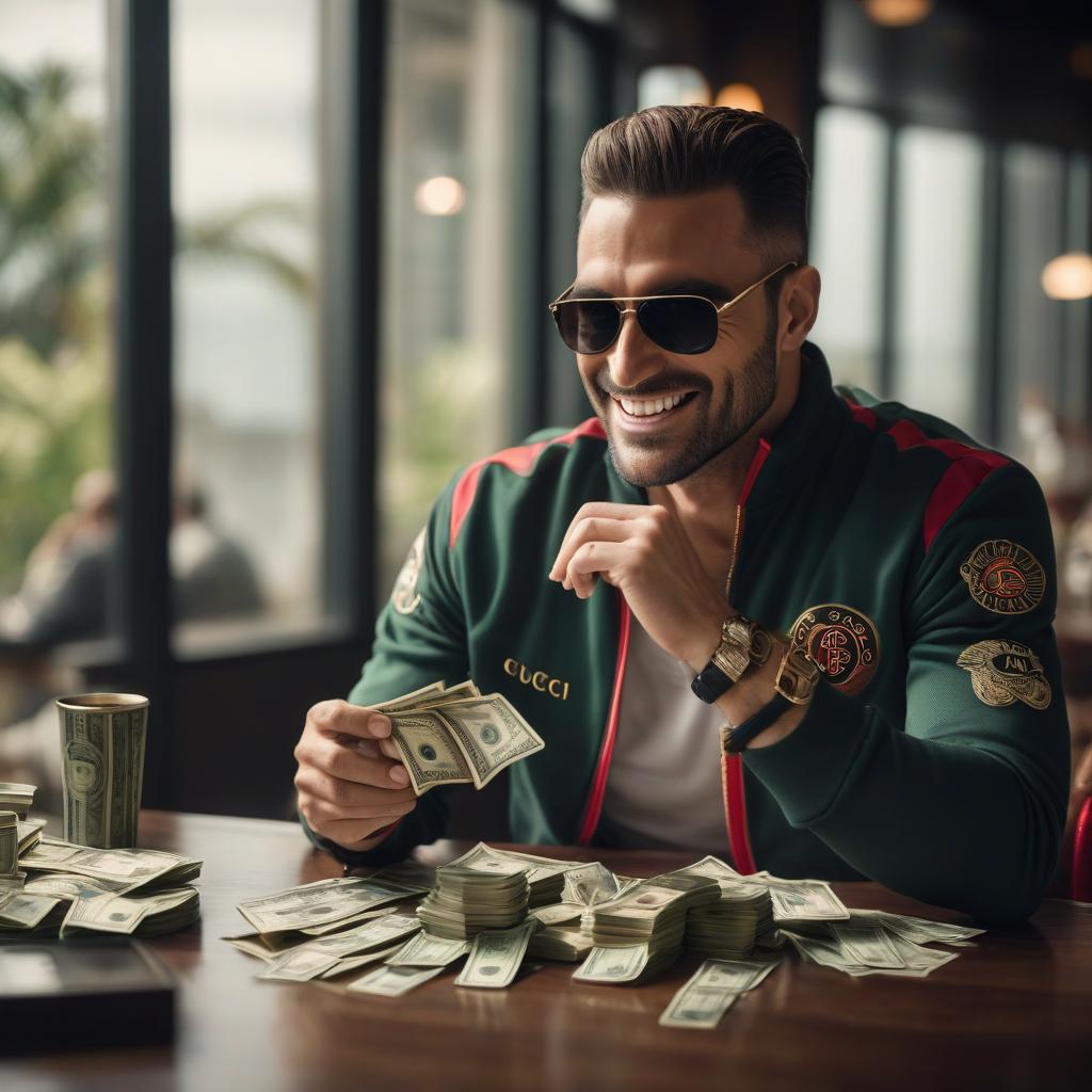  cinematic film still A man in a Gucci tracksuit and black sunglasses sits at a table and counts money in his hands and smiles . shallow depth of field, vignette, highly detailed, high budget, bokeh, cinemascope, moody, epic, gorgeous, film grain, grainy hyperrealistic, full body, detailed clothing, highly detailed, cinematic lighting, stunningly beautiful, intricate, sharp focus, f/1. 8, 85mm, (centered image composition), (professionally color graded), ((bright soft diffused light)), volumetric fog, trending on instagram, trending on tumblr, HDR 4K, 8K