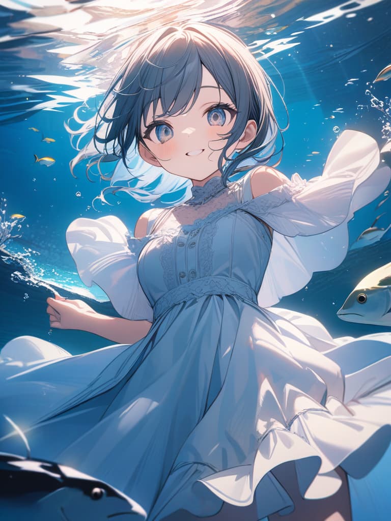  Cute, , big eyes, big s, , underwater, water, sea, beautiful, smiling, dress, , masterpiece, best quality,8k,ultra detailed,high resolution,an extremely delicate and beautiful,hyper detail