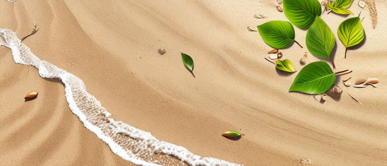  best quality, HD, Beach summer panoramic background with illustration of an spring leaves on the sand