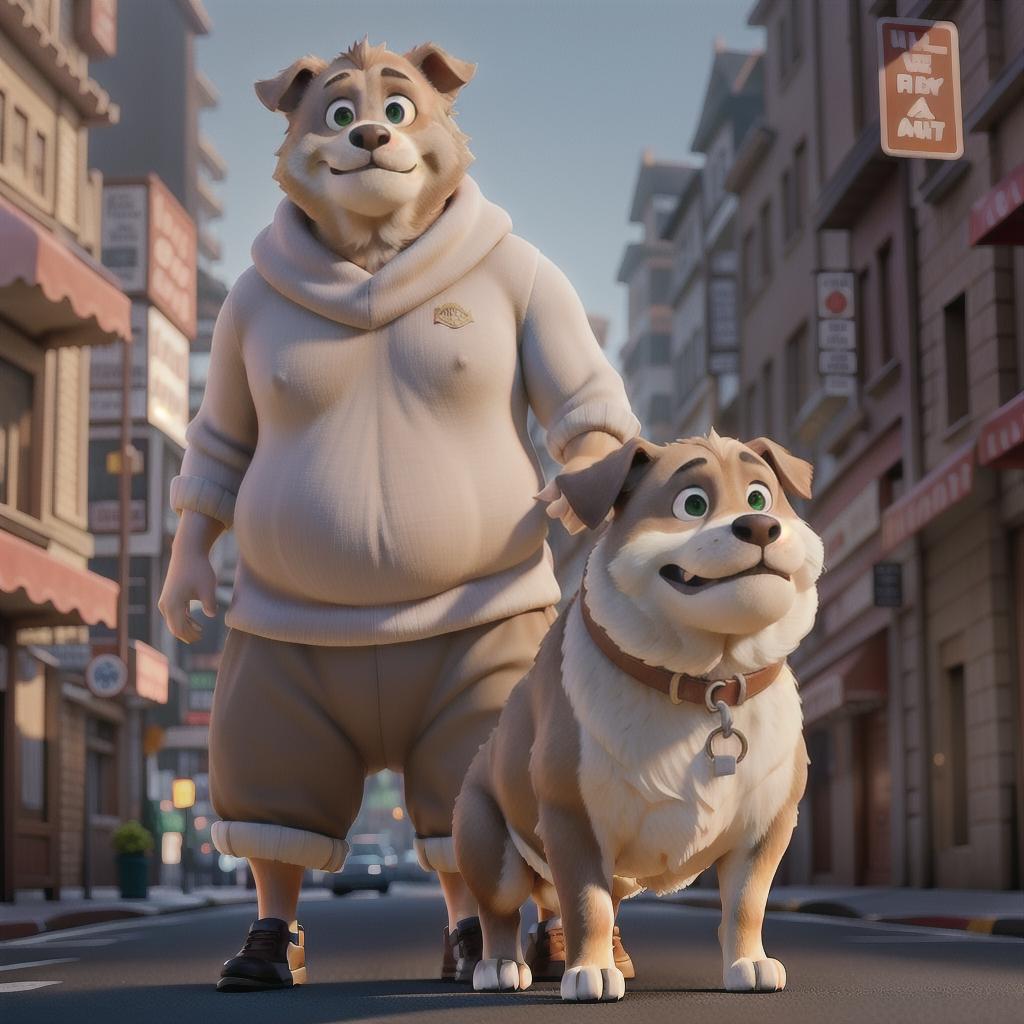  XXL Overweight human dog walking in street hyperrealistic, full body, detailed clothing, highly detailed, cinematic lighting, stunningly beautiful, intricate, sharp focus, f/1. 8, 85mm, (centered image composition), (professionally color graded), ((bright soft diffused light)), volumetric fog, trending on instagram, trending on tumblr, HDR 4K, 8K