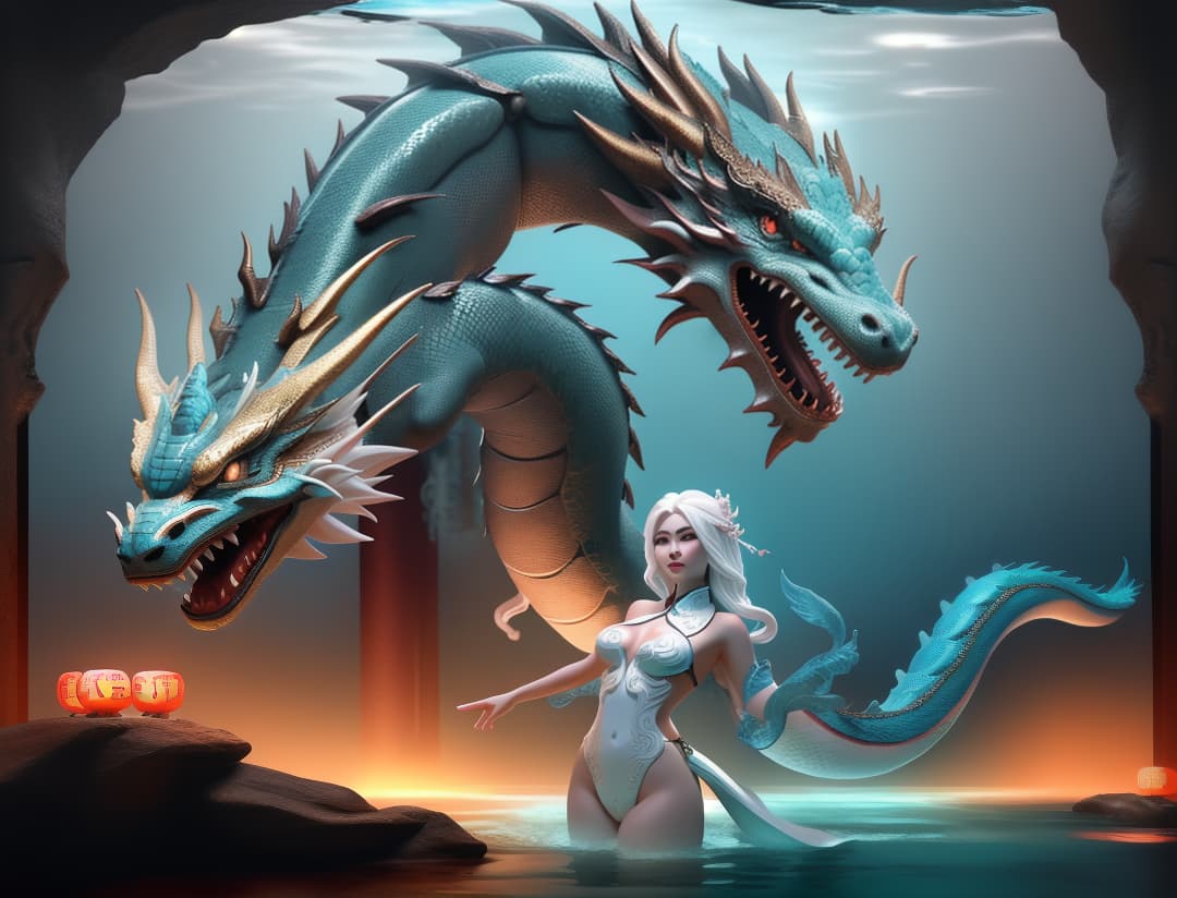 A Chinese underwater holy temple, giant dragon, nude woman dancing, nude woman controlling the dragon the so beautiful she loves the dragon. the Chinese white dragon. , hyperrealistic, high quality, highly detailed, cinematic lighting, intricate, sharp focus, f/1. 8, 85mm, (centered image composition), (professionally color graded), ((bright soft diffused light)), volumetric fog, trending on instagram, HDR 4K, 8K