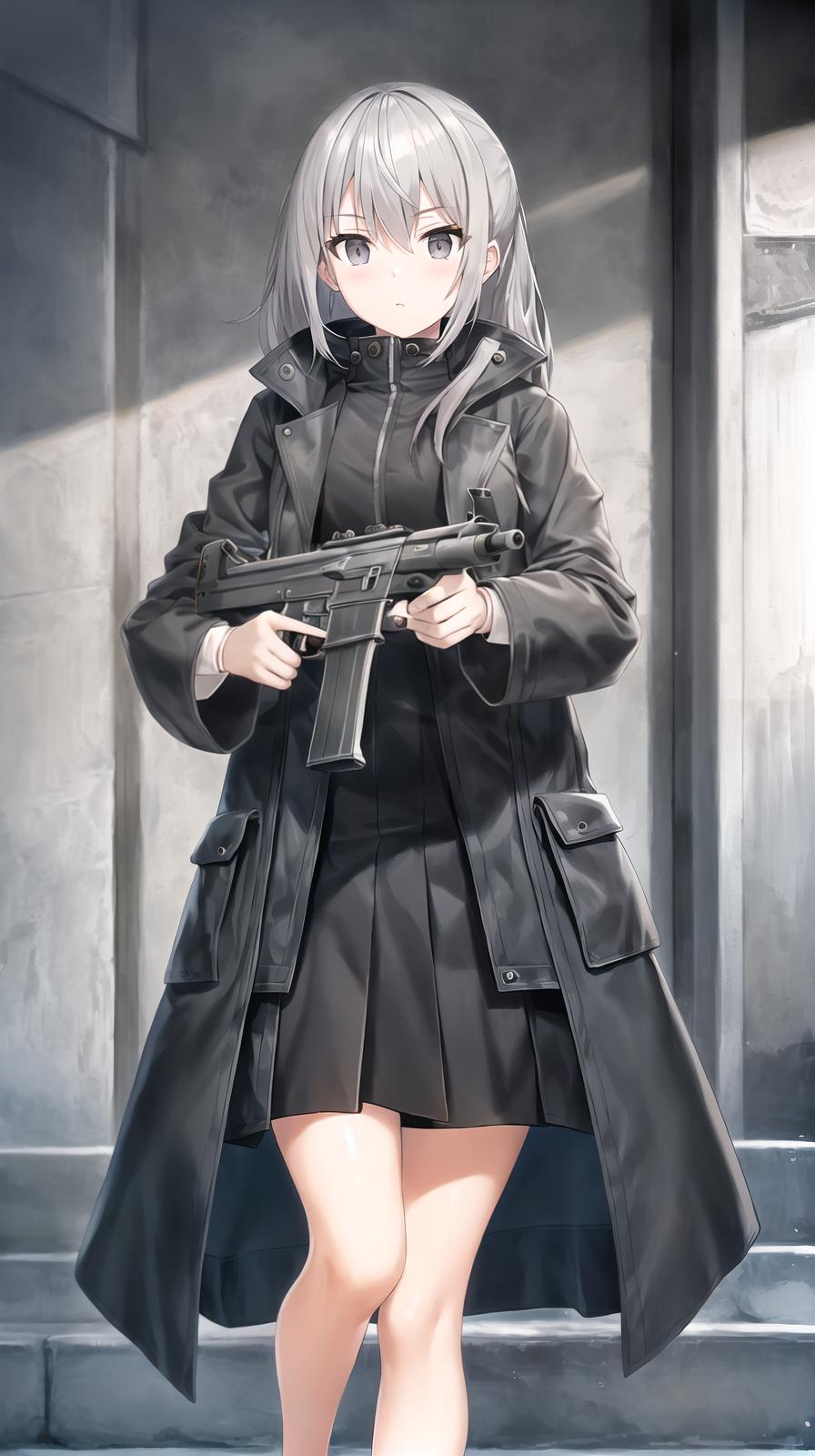  master piece , best quality,High school girl with a submachine gun in her hand, barefoot, black coat, gray hair.