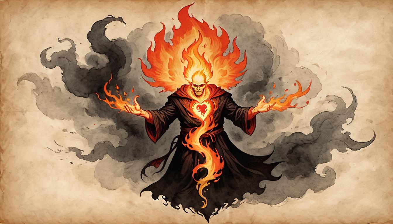  on parchment, surrealism+++, Silhouette of a person with a fiery aura surrounding them, fire igniting fiercely from the heart, eyes burning with rage, mood of inner fire, intense anger(mysterious, provocative, symbolic,muted color)+++