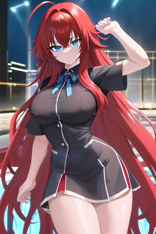  legs split open,masterpiece, best quality, 1women, long red hair, looking at viewer, :3, cute, black uniform, outdoors, streets, cowboy shot, curvy, (((blue eyes))), rias gremory, red hair, antenna hair, wavy hair, ((beautiful detailed eyes, beautiful detailed glow, lots of glow)), anime screencap,women at pool, compeion , black , masterpiece, best quality, high quality, solo