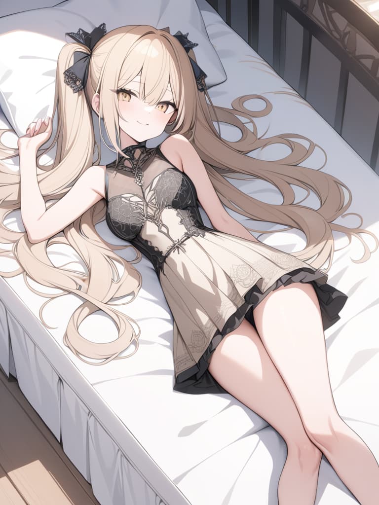  Hair colored beige, black gothic fashion, twin tails, long hair, roses are motifs, eyes are red, smiling, lying back, whole body, masterpiece, best quality,8k,ultra detailed,high resolution,an extremely delicate and beautiful,hyper detail