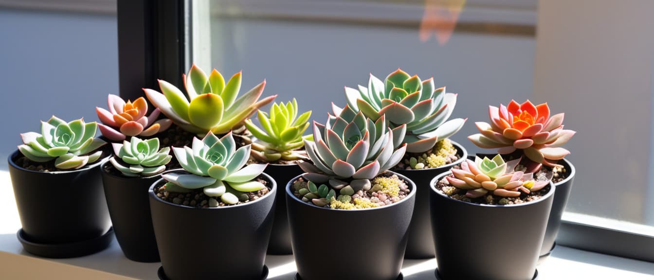  Macro Photography, Close up of a variety of colorful succulent plants in black pots near a window with sunlight, close up, macro 100mm, macro photography