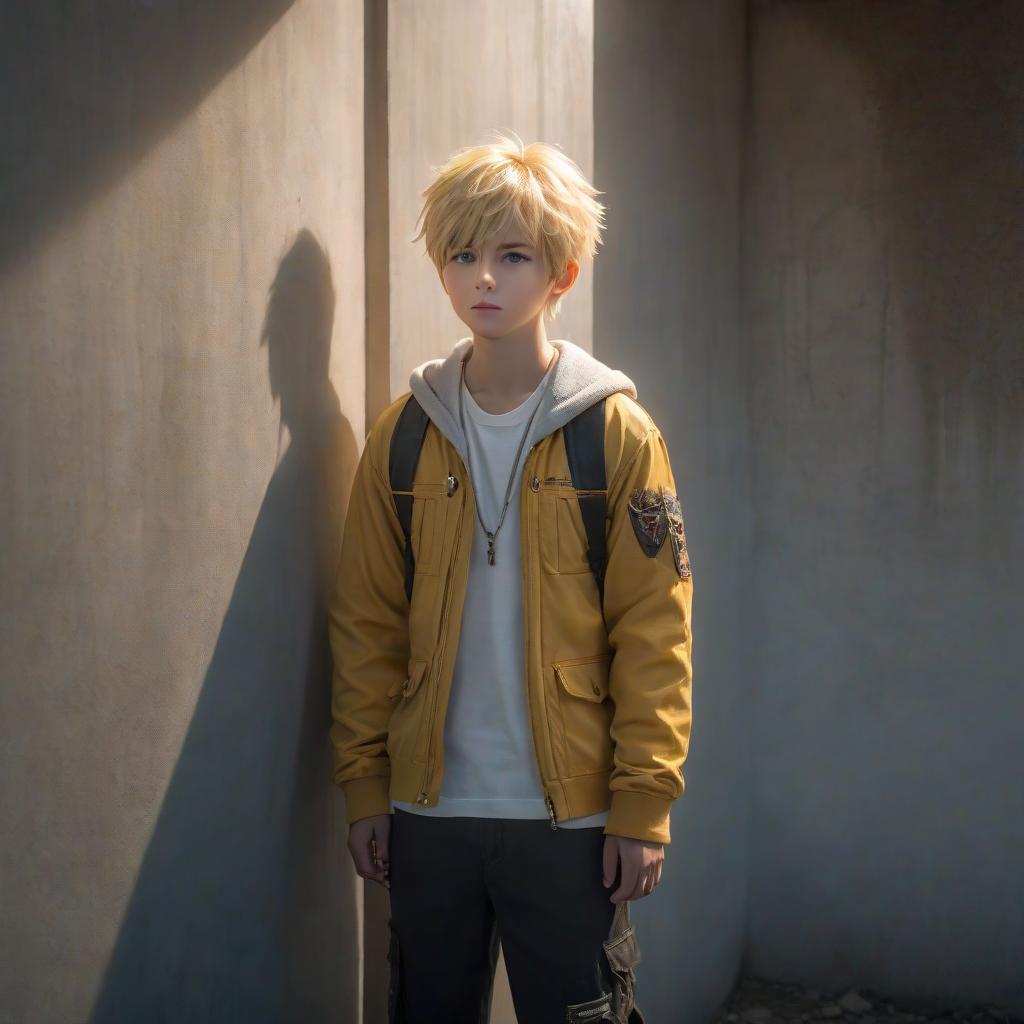  A blond haired boy, standing by the wall in a permitted [house]. hyperrealistic, full body, detailed clothing, highly detailed, cinematic lighting, stunningly beautiful, intricate, sharp focus, f/1. 8, 85mm, (centered image composition), (professionally color graded), ((bright soft diffused light)), volumetric fog, trending on instagram, trending on tumblr, HDR 4K, 8K