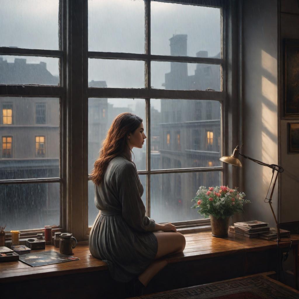  A woman sitting by a window on a rainy day, painting a picture of her life story on a canvas. She looks contemplative and longing. The rain outside creates a serene and slightly melancholic atmosphere. Through the window, a man can be seen looking in, as if observing her life and seeing her beauty and worth. The dim city lights outside add to the mood. Inside, the room is cozy and artistic, with scattered art supplies and warm lighting, emphasizing the woman's talent and introspection. hyperrealistic, full body, detailed clothing, highly detailed, cinematic lighting, stunningly beautiful, intricate, sharp focus, f/1. 8, 85mm, (centered image composition), (professionally color graded), ((bright soft diffused light)), volumetric fog, trending on instagram, trending on tumblr, HDR 4K, 8K