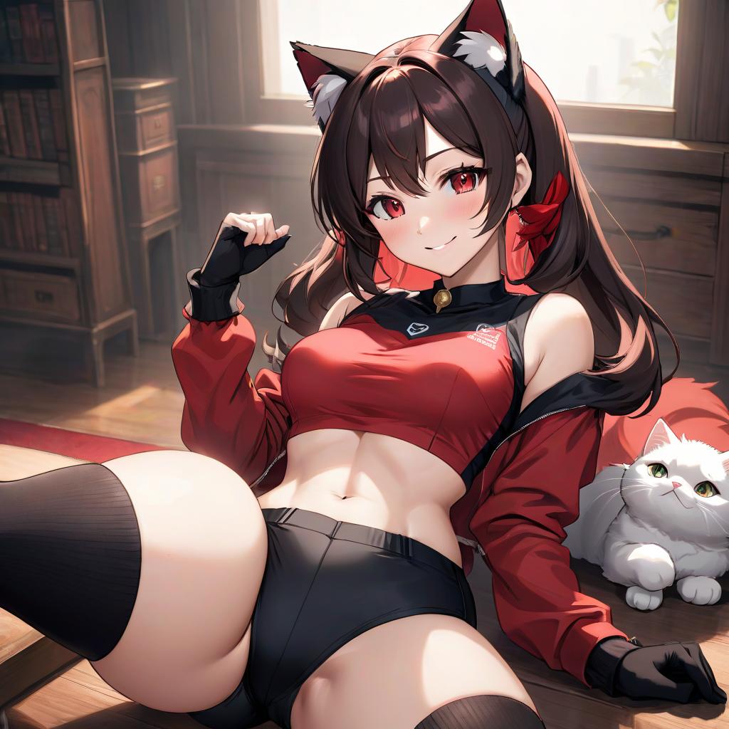  anime artwork A nine yea , a beautiful face, wearing a tight and black red top, perfect body shape, big hips and s, black red shorts, cat ears, smiling, has a good press, toned legs and arms, wide shoulders, lying in white socks. . anime style, key visual, vint, studio anime, highly detailed hyperrealistic, full body, detailed clothing, highly detailed, cinematic lighting, stunningly beautiful, intricate, sharp focus, f/1. 8, 85mm, (centered image composition), (professionally color graded), ((bright soft diffused light)), volumetric fog, trending on instagram, trending on tumblr, HDR 4K, 8K