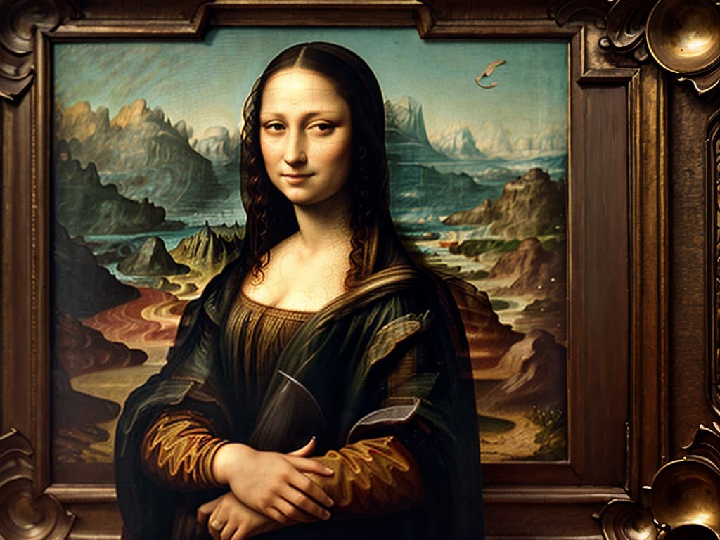  Mona Lisa painting,Be eating bread hyperrealistic, full body, detailed clothing, highly detailed, cinematic lighting, stunningly beautiful, intricate, sharp focus, f/1. 8, 85mm, (centered image composition), (professionally color graded), ((bright soft diffused light)), volumetric fog, trending on instagram, trending on tumblr, HDR 4K, 8K