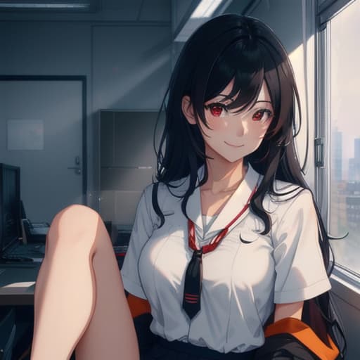  1, anime named Emi sitting in an office, black long hair staff, big , looking at viewer, red eyes, smiling. hyperrealistic, full body, detailed clothing, highly detailed, cinematic lighting, stunningly beautiful, intricate, sharp focus, f/1. 8, 85mm, (centered image composition), (professionally color graded), ((bright soft diffused light)), volumetric fog, trending on instagram, trending on tumblr, HDR 4K, 8K