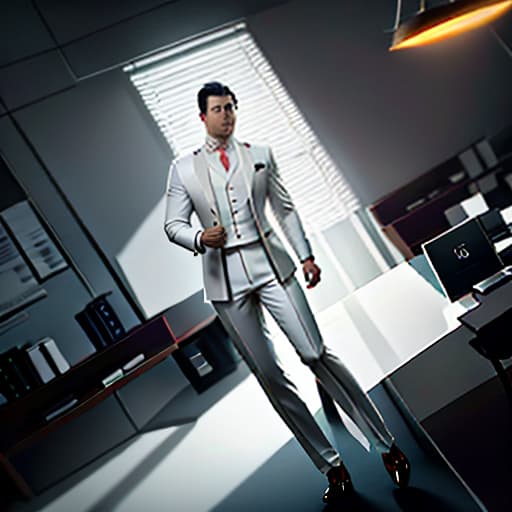  asian man white long hair in office clothes hyperrealistic, full body, detailed clothing, highly detailed, cinematic lighting, stunningly beautiful, intricate, sharp focus, f/1. 8, 85mm, (centered image composition), (professionally color graded), ((bright soft diffused light)), volumetric fog, trending on instagram, trending on tumblr, HDR 4K, 8K