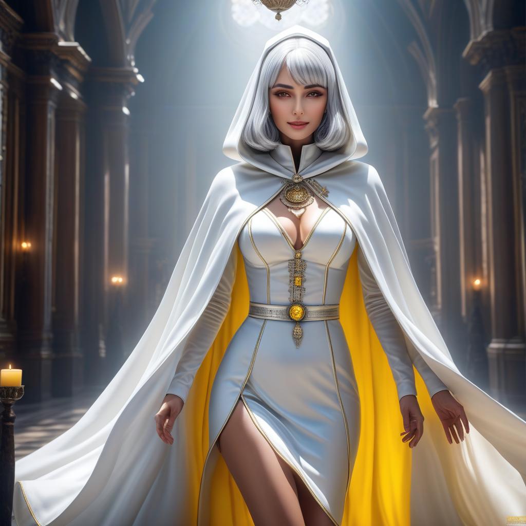  1, , age , , body, small brests, nun, (full body), hourgl figure, silver hair, bob cut, bright yellow eyes, glowing eyes, white clothing, nun habit, white cloak, looks at viewer, smile, sly smile, , (( face)), cunning, (extremely hyper detailed face), (masterpiece:1.4), (perfect eyes:1.1), (perfect hands), 2d, anime, extremely detailed clothes. hyperrealistic, full body, detailed clothing, highly detailed, cinematic lighting, stunningly beautiful, intricate, sharp focus, f/1. 8, 85mm, (centered image composition), (professionally color graded), ((bright soft diffused light)), volumetric fog, trending on instagram, trending on tumblr, HDR 4K, 8K