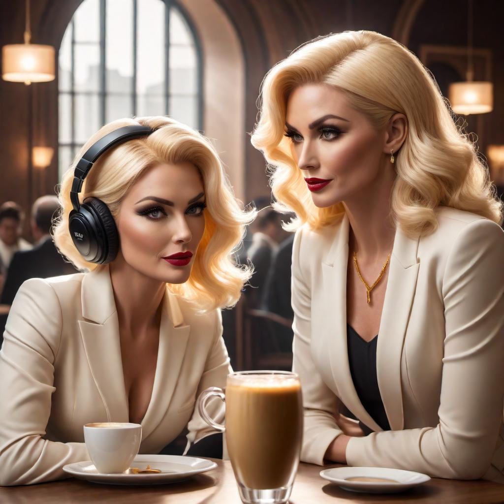  Create several more podcast covers in the vintage cartoon style featuring two distinct blonde women in their late 30s. The women should be elegantly dressed in similar detailed outfits, one holding an espresso martini, and they should appear to be enjoying themselves in an upscale room set up for podcasting with mics and headphones. The title 'Plotting Greatness' should be prominently displayed on each cover. Use inviting and warm colors like gold, white, and soft pastels to ensure each cover is eye-catching and conveys a sense of refinement and success, matching the vintage cartoon aesthetic. hyperrealistic, full body, detailed clothing, highly detailed, cinematic lighting, stunningly beautiful, intricate, sharp focus, f/1. 8, 85mm, (centered image composition), (professionally color graded), ((bright soft diffused light)), volumetric fog, trending on instagram, trending on tumblr, HDR 4K, 8K