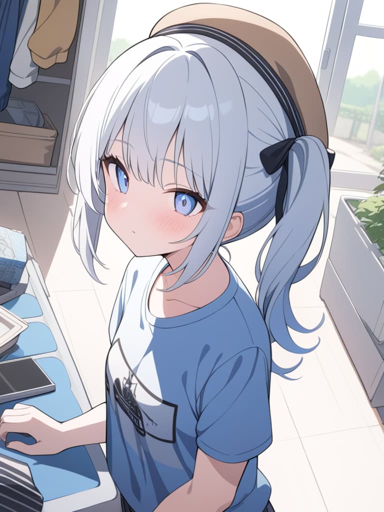  best quality,master piece,white hair blue hair,anime style,hires,bust shot,1girl,focused,side ponytail,fedora hat,t shirt,inside,nursery,short pants, masterpiece, best quality,8k,ultra detailed,high resolution,an extremely delicate and beautiful,hyper detail