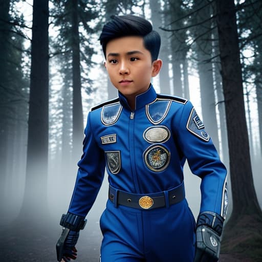  image of a boy wearing a blue secret agent costume with grey strips and howling wolf design hyperrealistic, full body, detailed clothing, highly detailed, cinematic lighting, stunningly beautiful, intricate, sharp focus, f/1. 8, 85mm, (centered image composition), (professionally color graded), ((bright soft diffused light)), volumetric fog, trending on instagram, trending on tumblr, HDR 4K, 8K