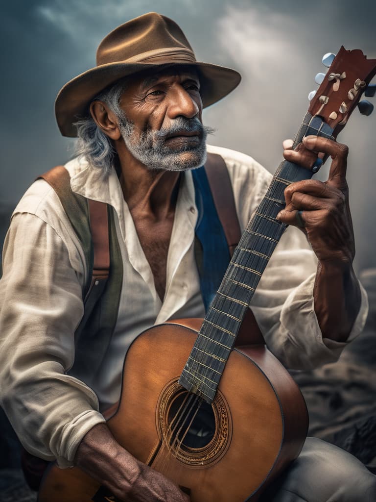  The old guitarist, Picasso hyperrealistic, full body, detailed clothing, highly detailed, cinematic lighting, stunningly beautiful, intricate, sharp focus, f/1. 8, 85mm, (centered image composition), (professionally color graded), ((bright soft diffused light)), volumetric fog, trending on instagram, trending on tumblr, HDR 4K, 8K