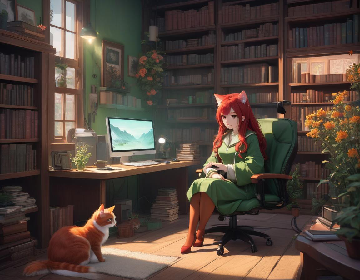  concept art A small cozy room with muted light and flowers with books arranged on the shelves. A slightly plump red haired with green eyegles sits on a computer chair in front of the computer, and a light red cat rests its paws on her . The is dressed in comfortable house clothes, and her hair ks out from under her hood. . digital artwork, ilrative, painterly, matte painting, highly detailed hyperrealistic, full body, detailed clothing, highly detailed, cinematic lighting, stunningly beautiful, intricate, sharp focus, f/1. 8, 85mm, (centered image composition), (professionally color graded), ((bright soft diffused light)), volumetric fog, trending on instagram, trending on tumblr, HDR 4K, 8K