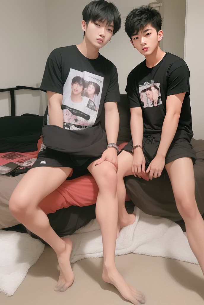  Asian male twins, good looks like Korean celebrities, dark hair, dark eyes, good figure, in the bedroom, wearing t shirts and shorts. sitting on the bed in the room, ADVERTISING PHOTO,high quality, good proportion, masterpiece , The image is captured with an 8k camera